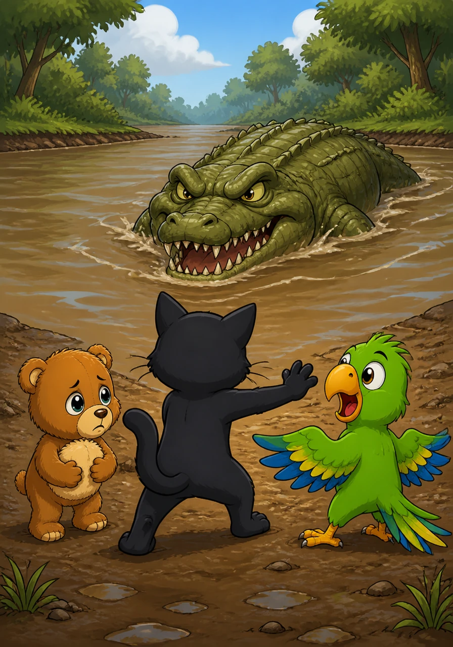 At a wide, muddy river, a giant crocodile with sharp teeth blocks their path, growling deeply at the intruders. Barnaby whimpers and hugs his own fuzzy tummy, but Gölge stands his ground, shielding his friends from the scaly beast.