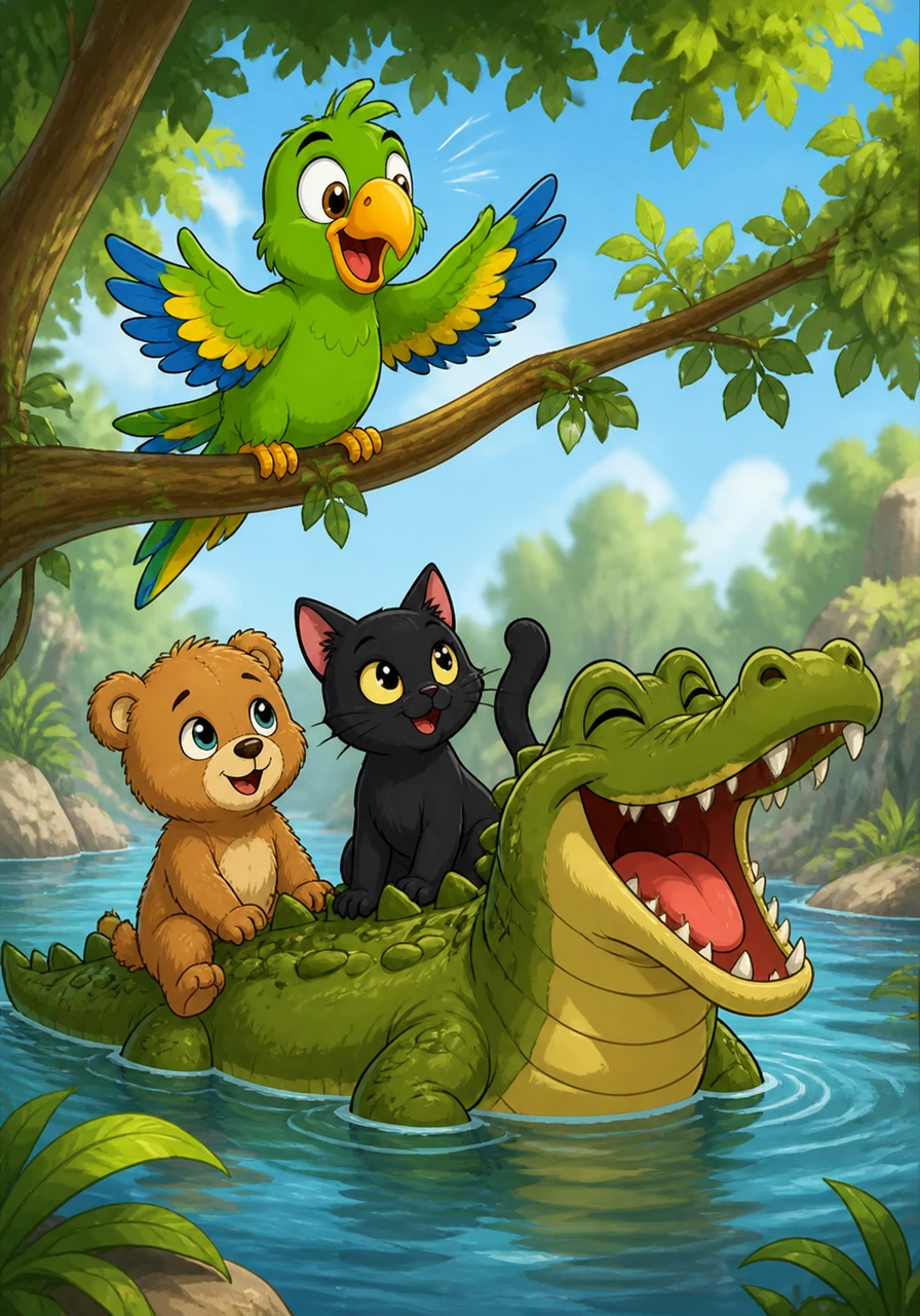 Geveze lands on a branch right above the crocodile and begins telling a series of hilarious, non-stop jokes with silly voices. The crocodile’s grumpy expression slowly melts away until he is roaring with laughter, eventually offering the friends a safe ride across the water on his back.