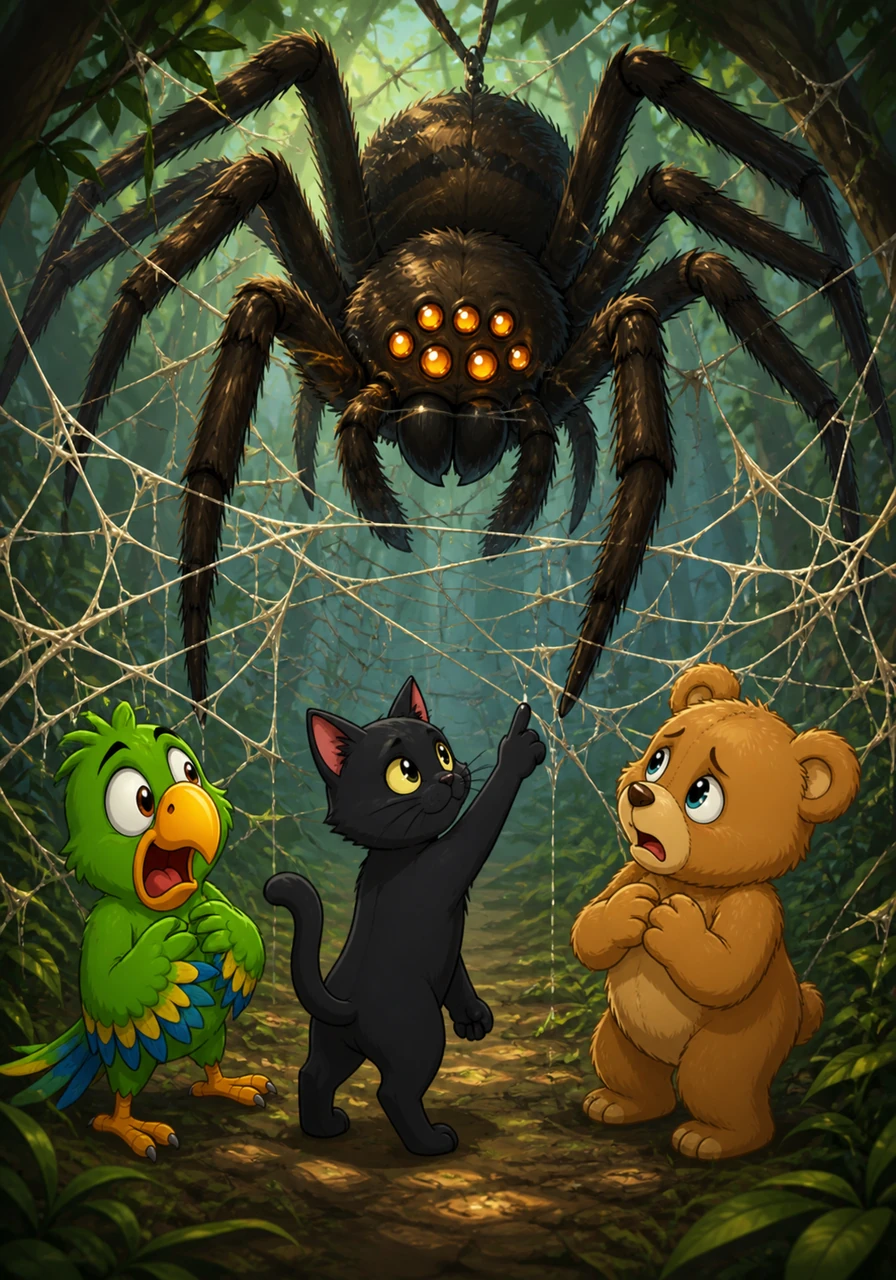 Deep in the thicket, a massive spider with eight glowing eyes descends from the canopy, blocking the trail with a wall of sticky silk. Barnaby is frozen in fear, but Gölge realizes the spider isn't trying to hunt; it is simply tired and struggling to fix its messy web.