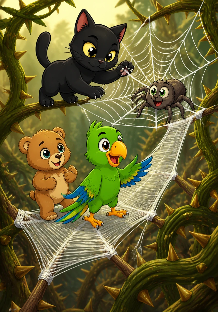 Gölge uses his agile paws and sharp claws to help the spider weave a magnificent and orderly web, showing kindness instead of claws. The spider is so grateful for the help that it uses its silk to create a beautiful bridge for the friends to pass safely through the thorns.