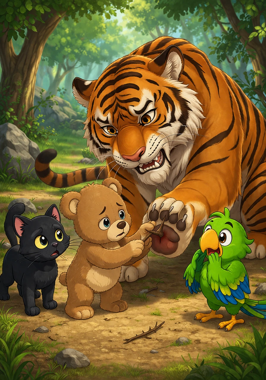 The group encounters a fierce-looking tiger pacing nervously in a clearing, but Barnaby notices the tiger is limping from a large thorn in its paw. Despite his shaking knees, the loving teddy bear steps forward and gently pulls the thorn out, offering the giant cat a soft, comforting hug.