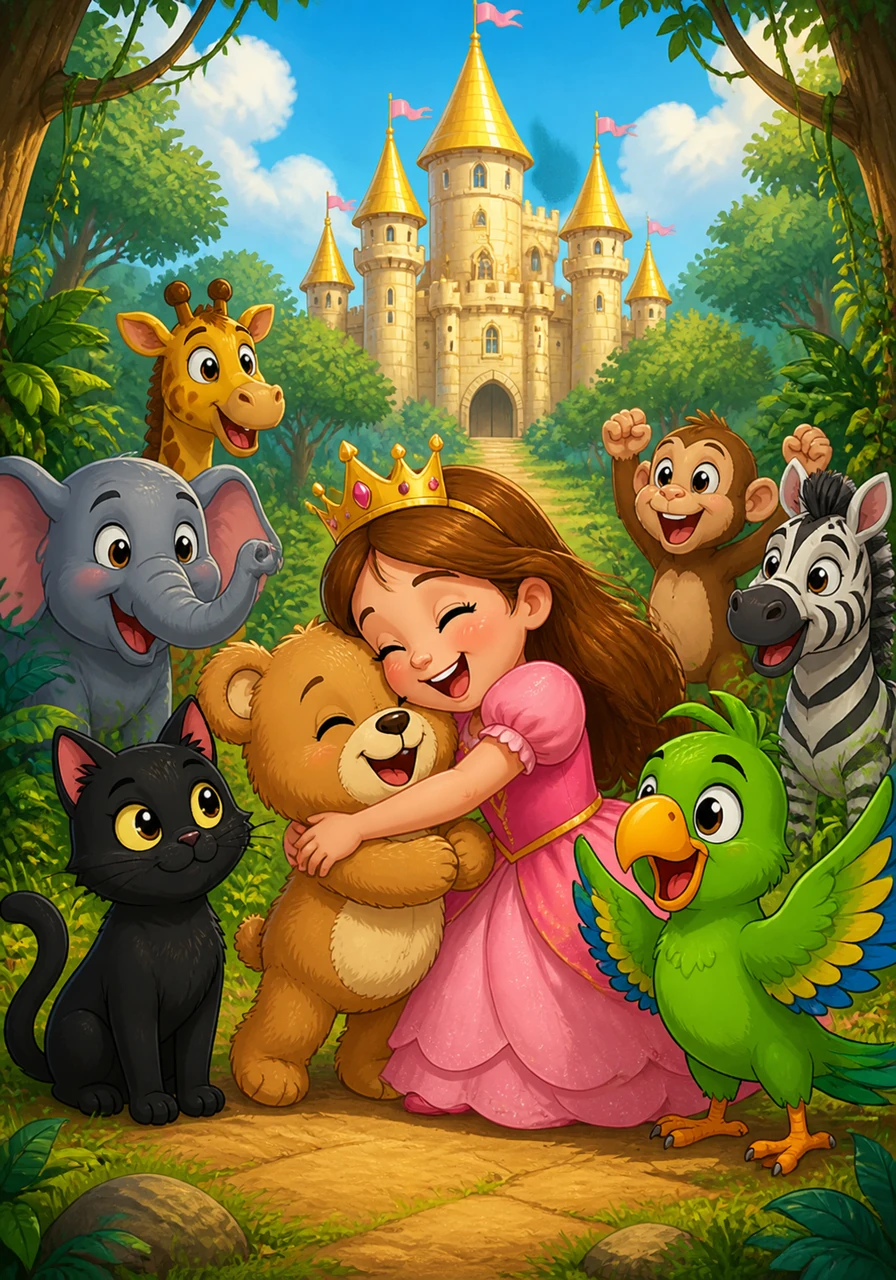 The golden towers of Princess Nounou’s castle finally appear through the trees, and the princess runs out to give Barnaby a huge, joyful squeeze. Barnaby, Gölge, and Geveze stand together with their new jungle friends, celebrating a journey where love and friendship conquered every fear.