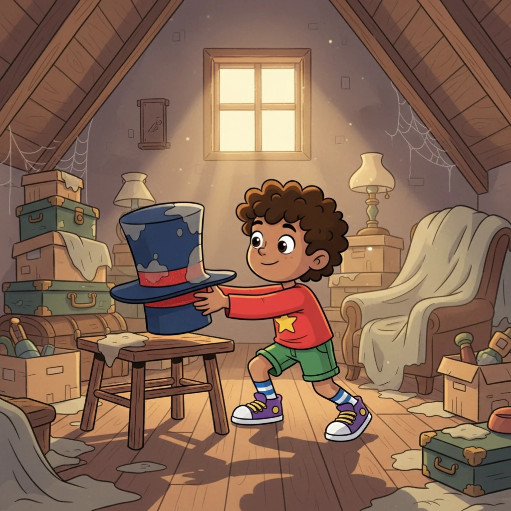 Alex was a curious boy who loved exploring. One sunny afternoon, while rummaging in the attic, he stumbled upon a dusty, old hat.