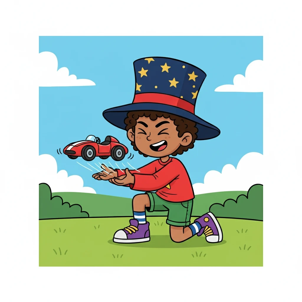 He looked down at his favorite toy car. With a determined grin, Alex closed his eyes and whispered, "Fly!" The car lifted off the ground, hovering in the air.