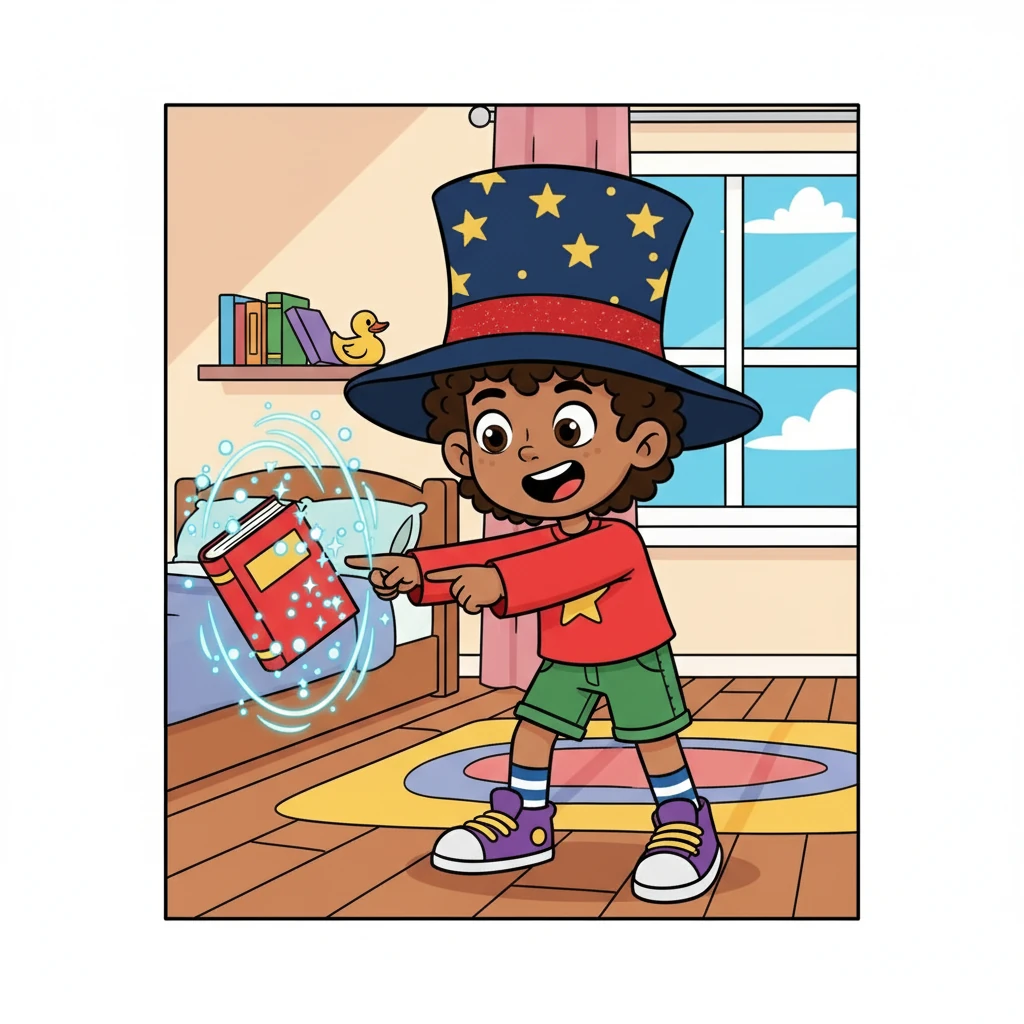 Amazed, Alex decided to try another spell. He pointed at his favorite book and shouted, "Disappear!" The book vanished into thin air.