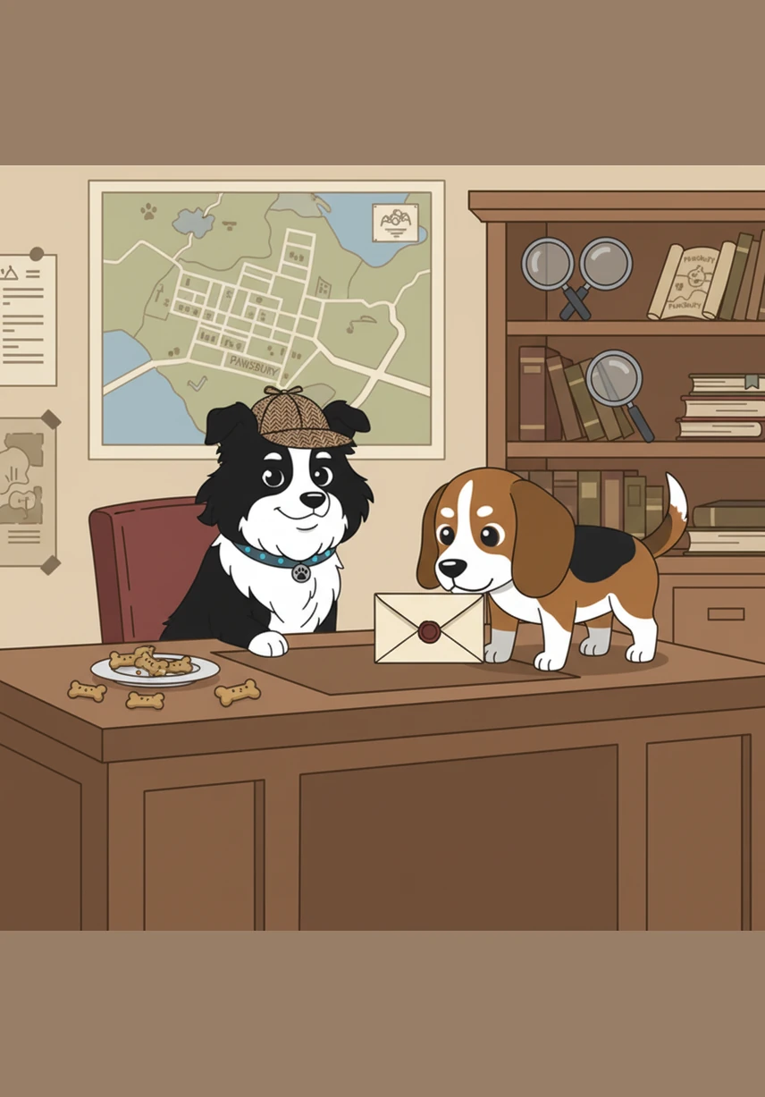 Coco and Lilo sit in their cozy detective office, surrounded by magnifying glasses and maps of Pawsbury. Coco, the clever Border Collie, wears a tiny detective hat while Lilo, the curious Beagle, sniffs a suspicious-looking envelope on the desk.