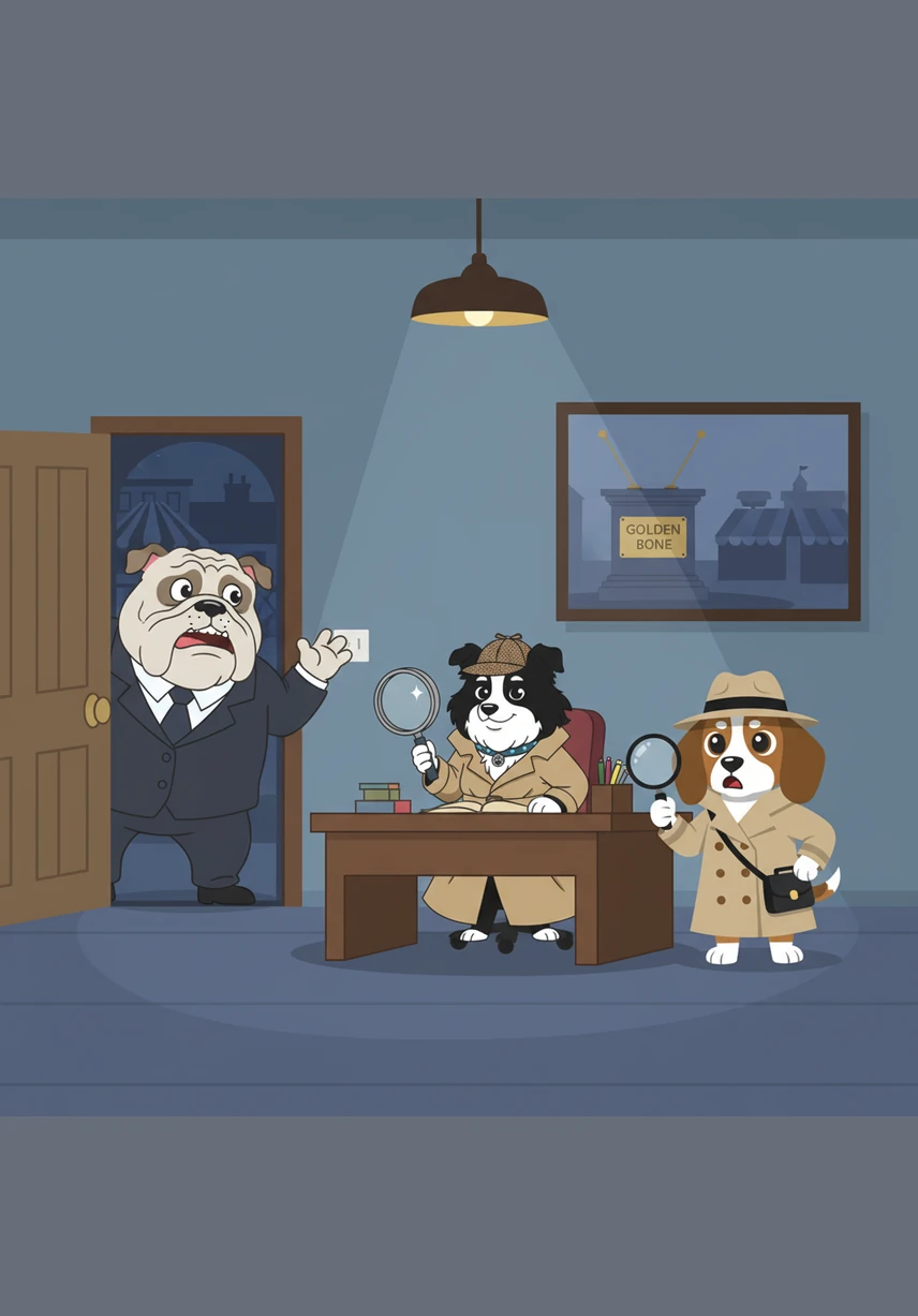 Mayor Barnaby, a stout Bulldog with a worried expression, bursts through the door to report a crime. He explains that the legendary Golden Bone trophy has vanished from the town square just hours before the grand dog show.