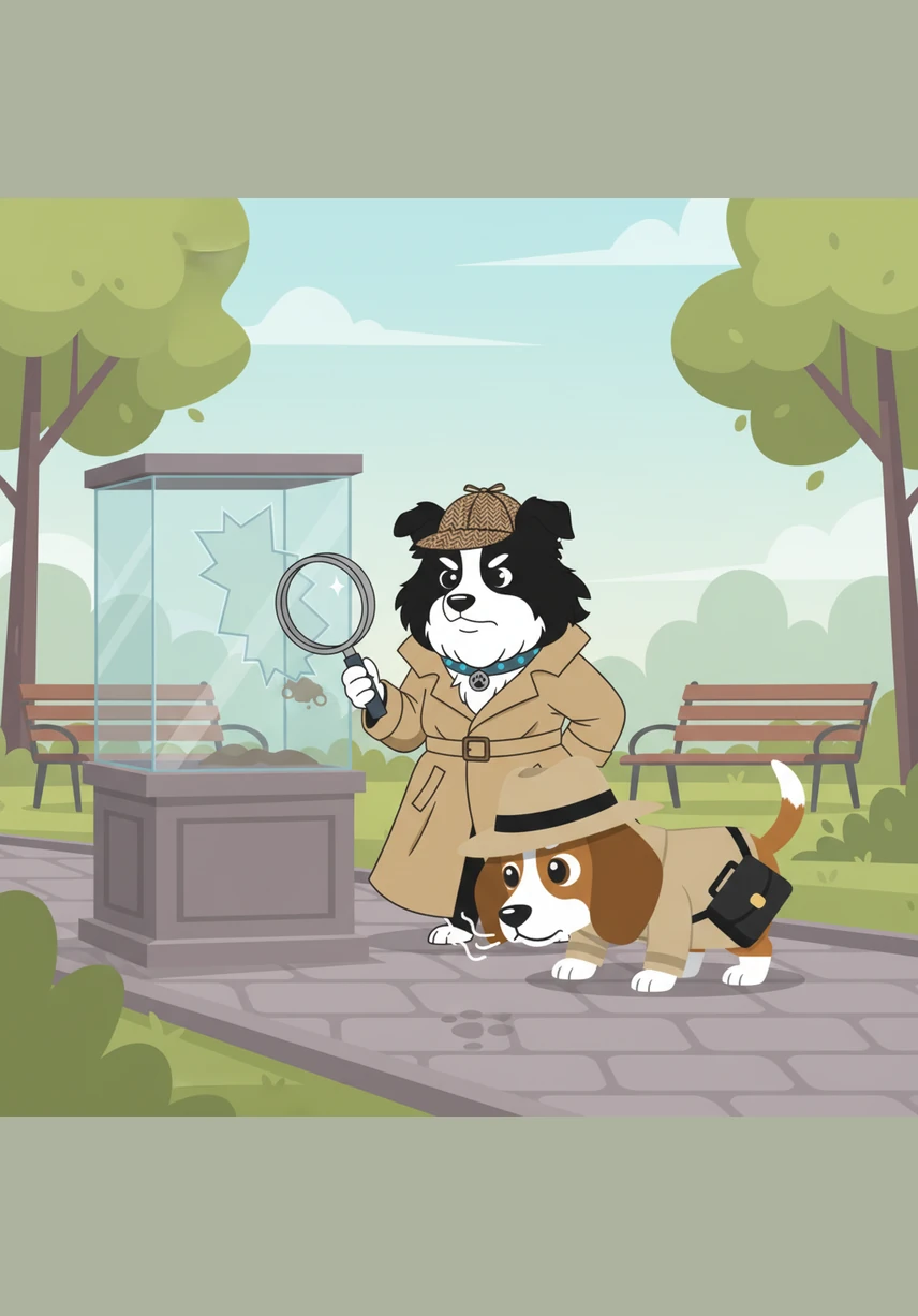 At the park, the two detectives carefully examine the empty glass display case where the trophy once sat. Coco uses her magnifying glass to look for clues while Lilo follows a faint, mysterious scent lingering in the morning air.