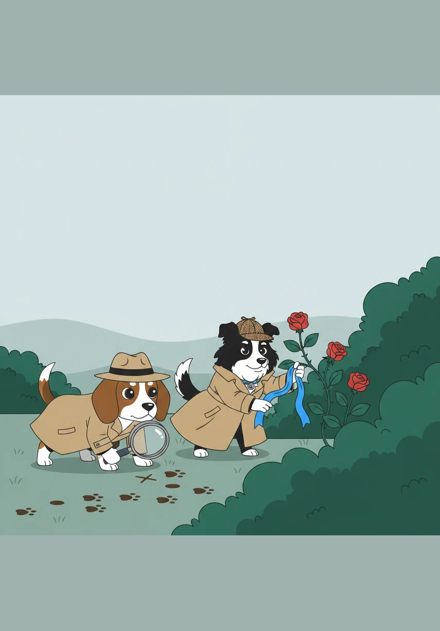 Lilo discovers a trail of small, muddy paw prints leading away from the crime scene and into the thick bushes. Near a rosebush, Coco finds a scrap of bright blue silk ribbon snagged on a sharp thorn.