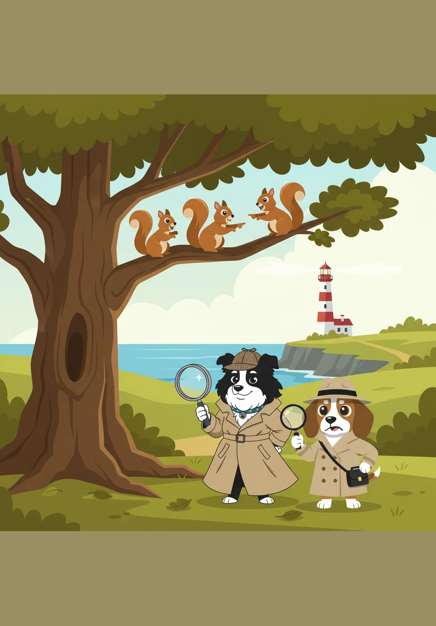 The duo encounters a group of chattering squirrels high in the oak trees who point toward the old lighthouse by the sea. The squirrels describe seeing someone carrying something very shiny through the meadow earlier that morning.