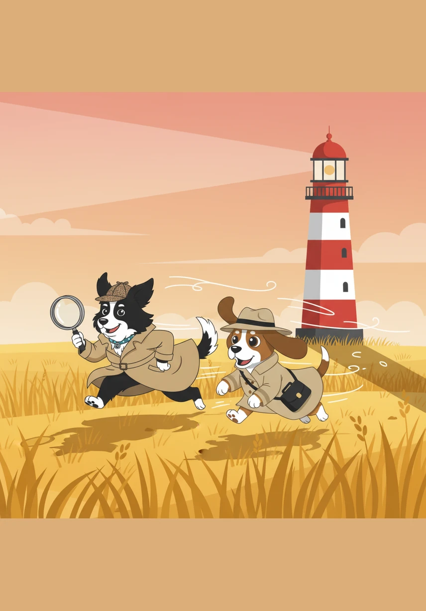 Coco and Lilo race through the tall, golden grass of the meadow, their ears flapping wildly in the wind. The scent is getting much stronger now, and they can see the long shadow of the lighthouse looming ahead of them.