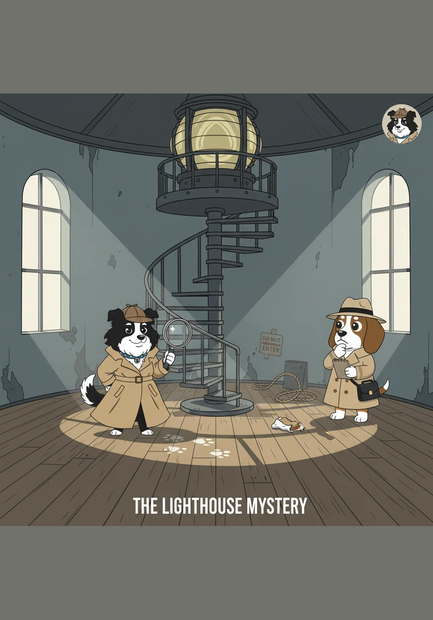 Inside the cool, dim lighthouse, they find a trail of blue ribbons leading up the winding spiral staircase. Every pawstep echoes against the stone walls as they climb higher, their hearts racing with excitement and anticipation.