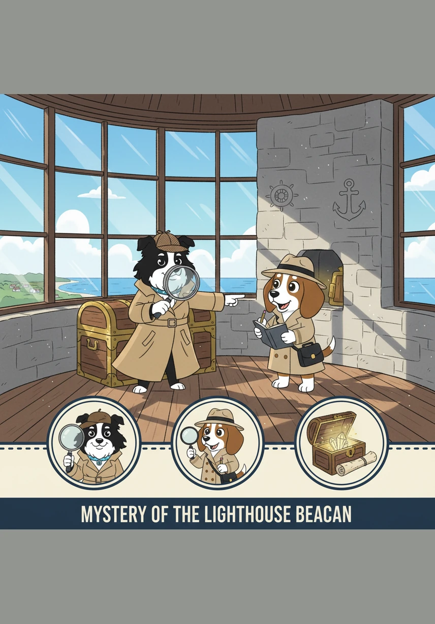In a small, sunlit corner at the very top of the lighthouse, they find a tiny, sleepy puppy named Pip. The little puppy is curled up fast asleep next to the shimmering Golden Bone, using it as a giant pillow.