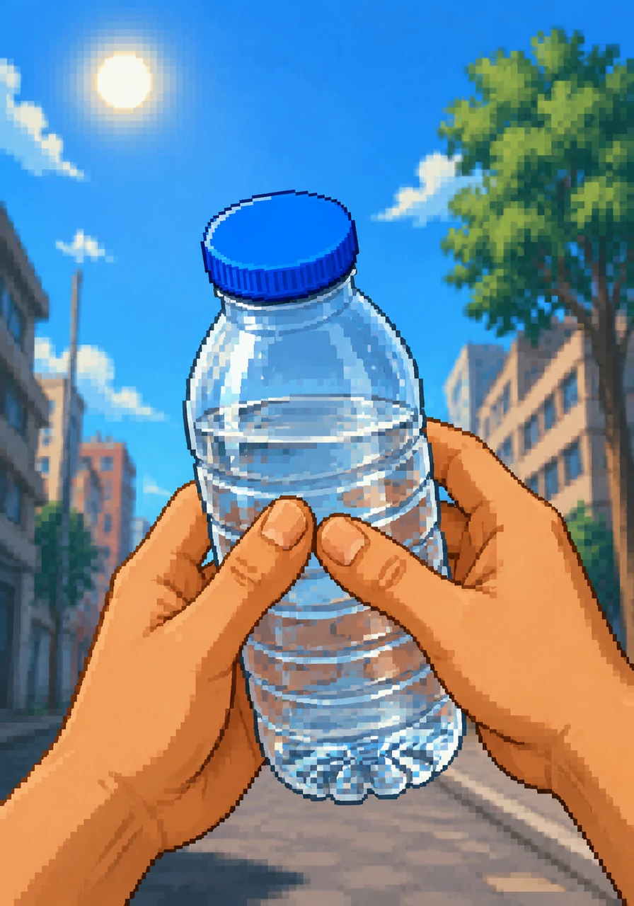 Cappy is a bright blue plastic cap sitting proudly atop a clear water bottle. A pair of hands holds the bottle, ready for a refreshing drink on a sunny day in the city.