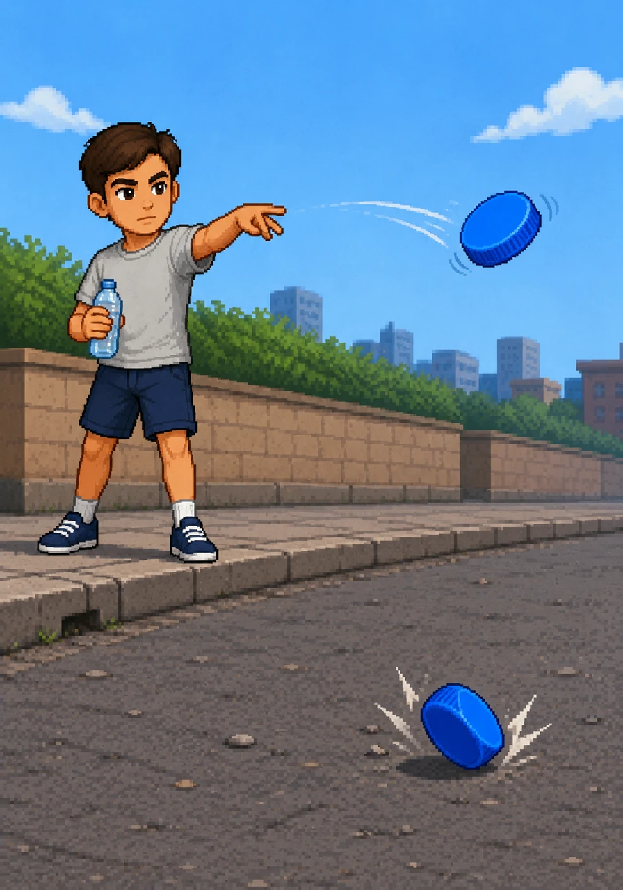 The water is all gone, and with a sudden flick of a finger, Cappy is sent flying through the air. He tumbles away from the bottle, landing on the hard pavement far from any trash bin.