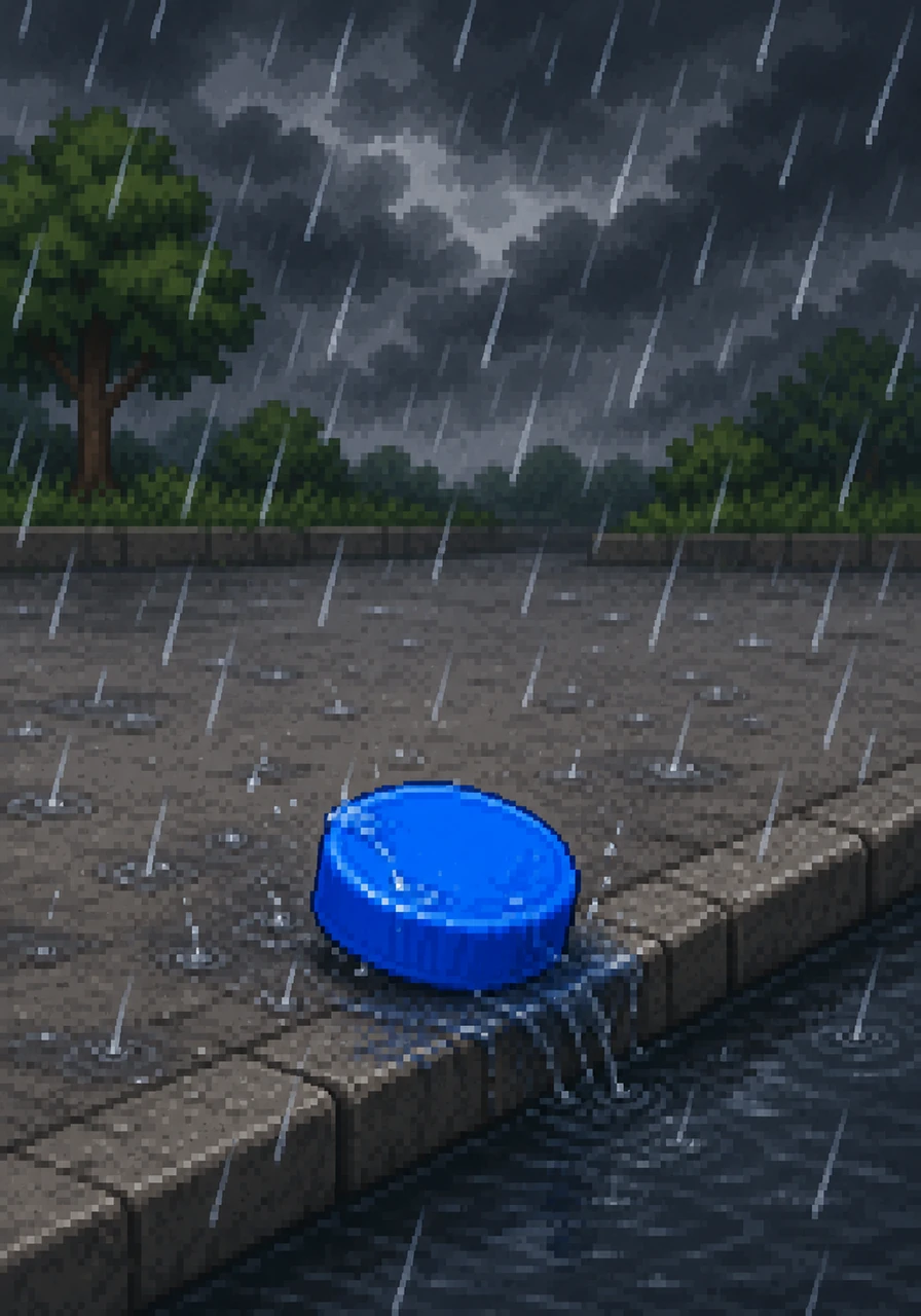 Cappy lies lonely on the gray ground as dark clouds gather in the sky. Heavy raindrops begin to fall, splashing against his smooth blue surface and pushing him toward the edge of the curb.
