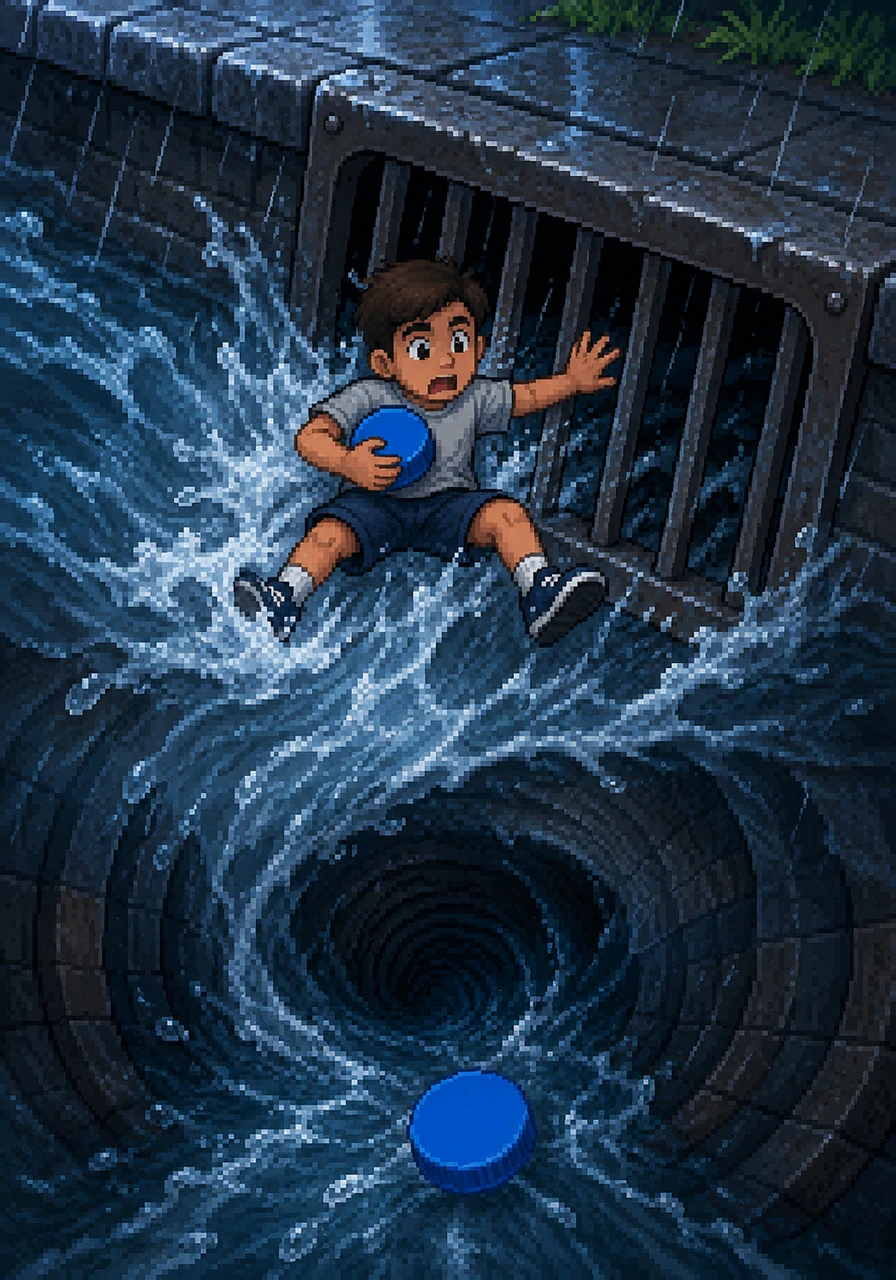 The rushing rainwater sweeps Cappy into a dark, swirling storm drain. He bounces against the cold metal bars before disappearing into the rushing water of the underground pipes.