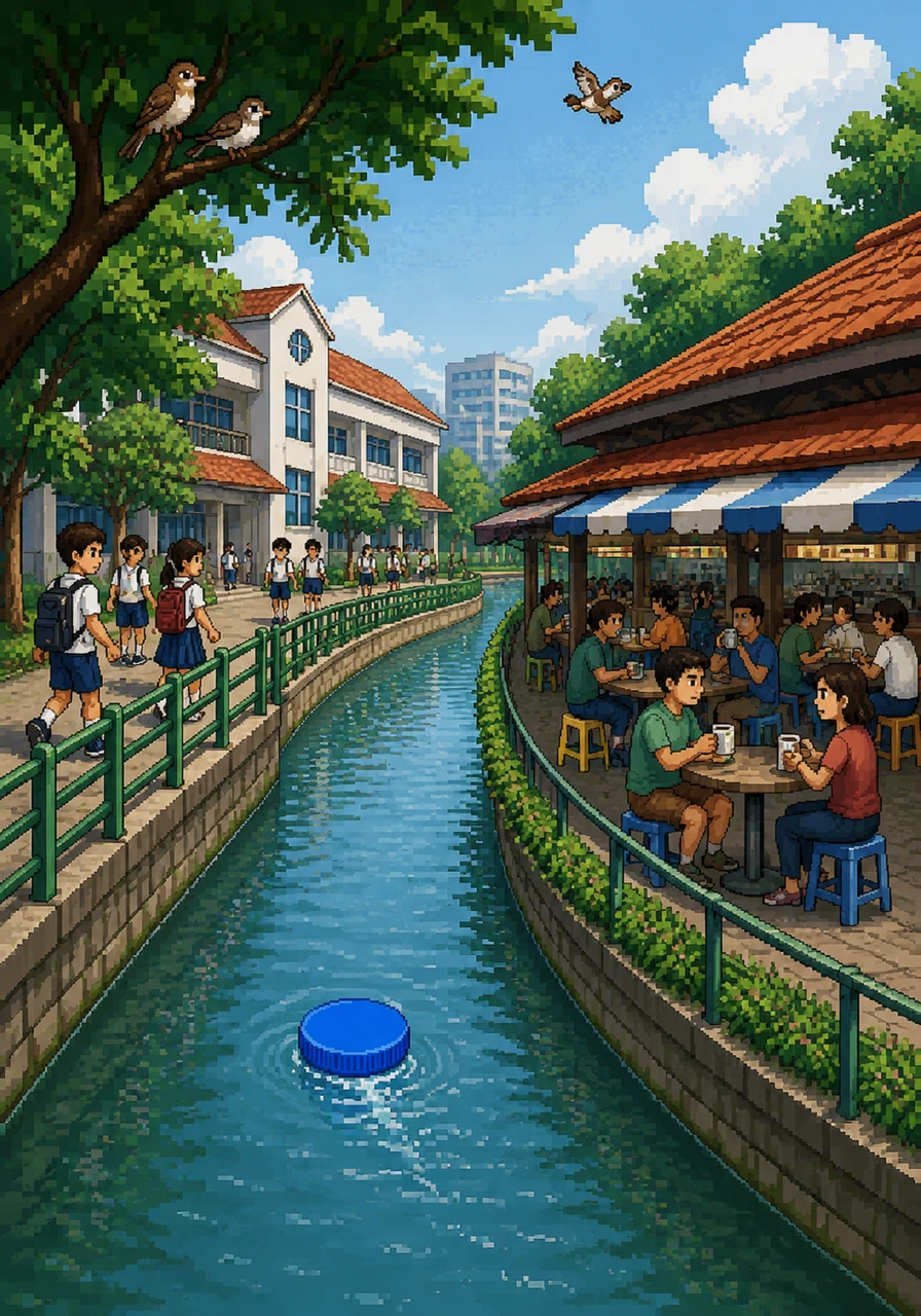 Cappy floats down a wide canal, passing a busy school and a bustling hawker centre where people are busy drinking coffee. No one notices the little blue cap drifting silently past the green trees and singing birds.