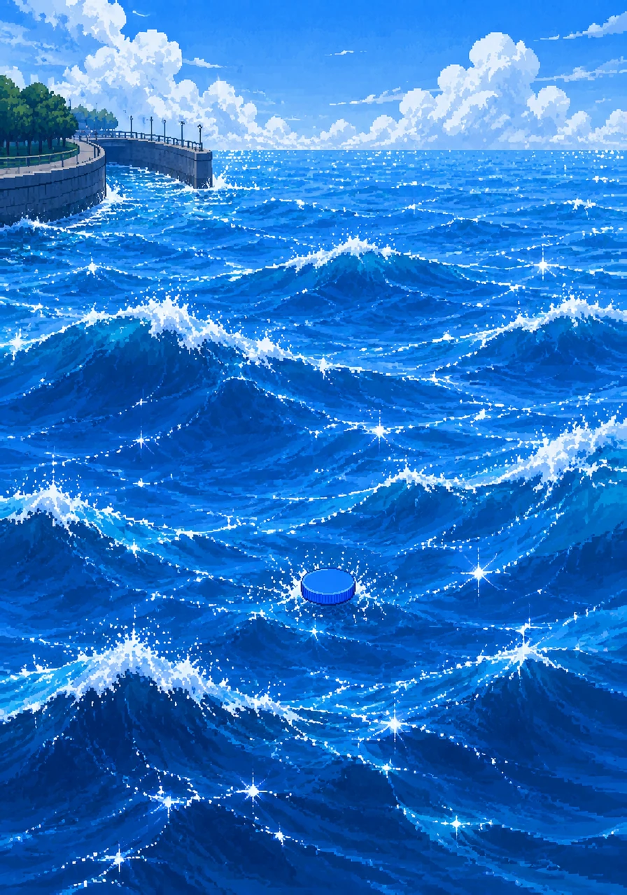 The canal finally opens up into the vast, sparkling blue ocean where giant waves toss Cappy up and down. He feels very small and lost in the endless water that stretches all the way to the horizon.