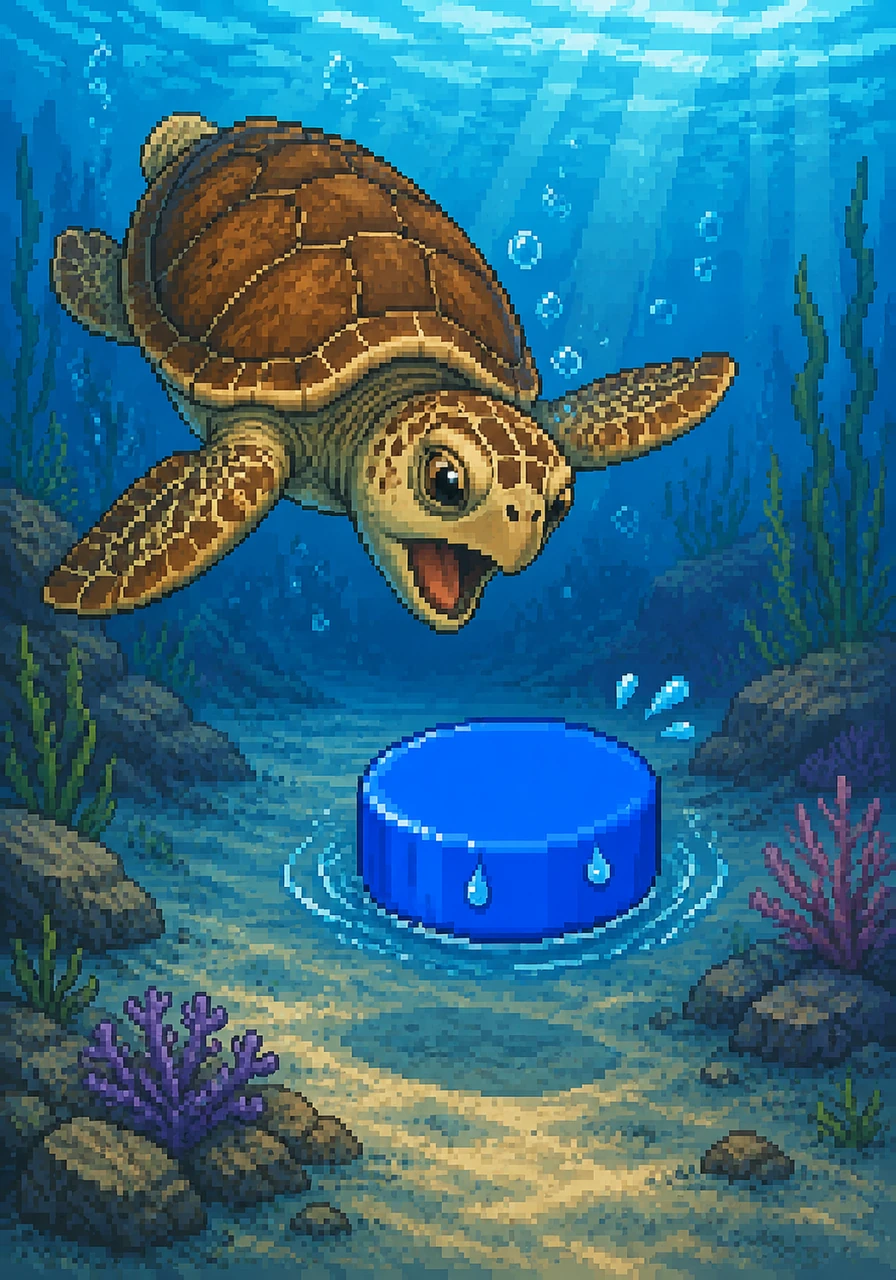 A large, curious sea turtle swims toward Cappy, mistaking the bright blue object for a tasty snack. Cappy bobs nervously in the water, knowing he is not food and should not be in the turtle's beautiful home.