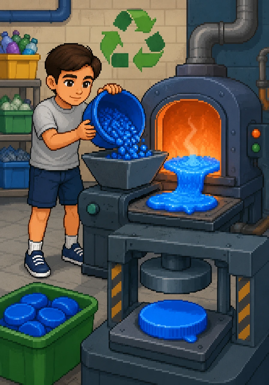 In a colorful recycling workshop, Cappy is chopped into tiny blue bits and melted in a special warm oven. He becomes soft and squishy, ready to be pressed flat and smooth into a brand-new shape.