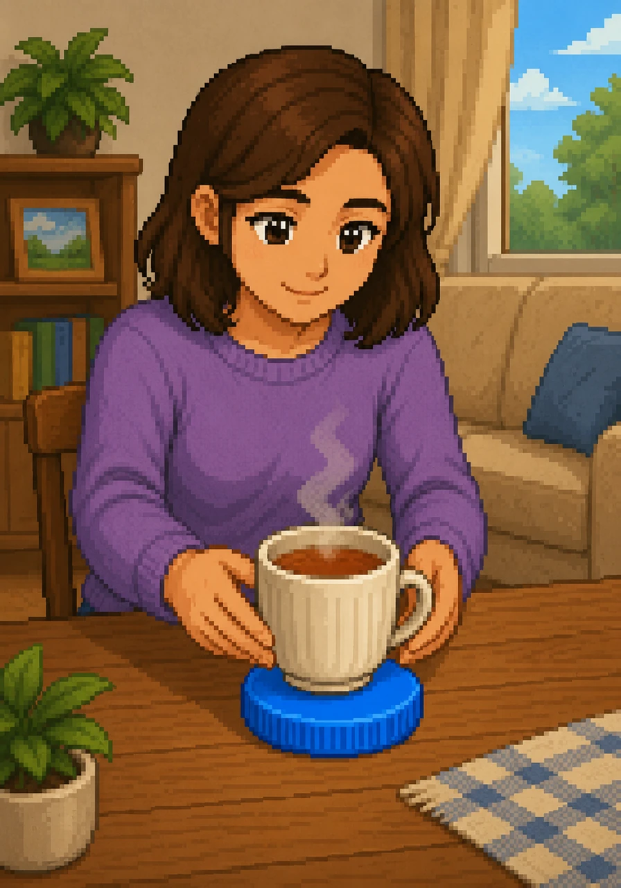 Cappy is now a beautiful, round blue coaster sitting on a wooden table. A kind lady smiles as she places her warm cup of tea on him, giving Cappy a happy new story and a wonderful new purpose.