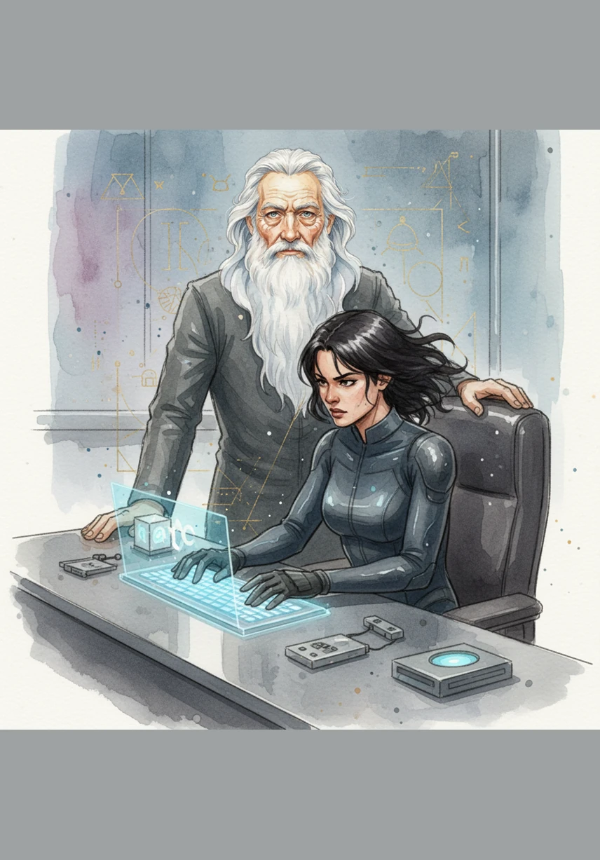 Elara will sit at her metallic desk, where her fingers will tap rapidly on a holographic keyboard to organize digital files. She will spend her day moving every folder into the central system, ensuring the government will know every thought she has.