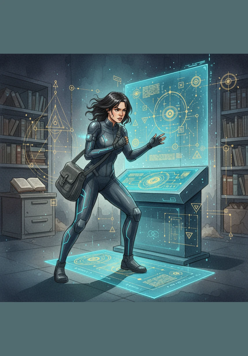 Elara will browse through local files that contain photos of real green trees and blue skies, things she has never actually seen. She will click on a hidden link that leads to a secret map, showing a place where the internet signal will not reach.