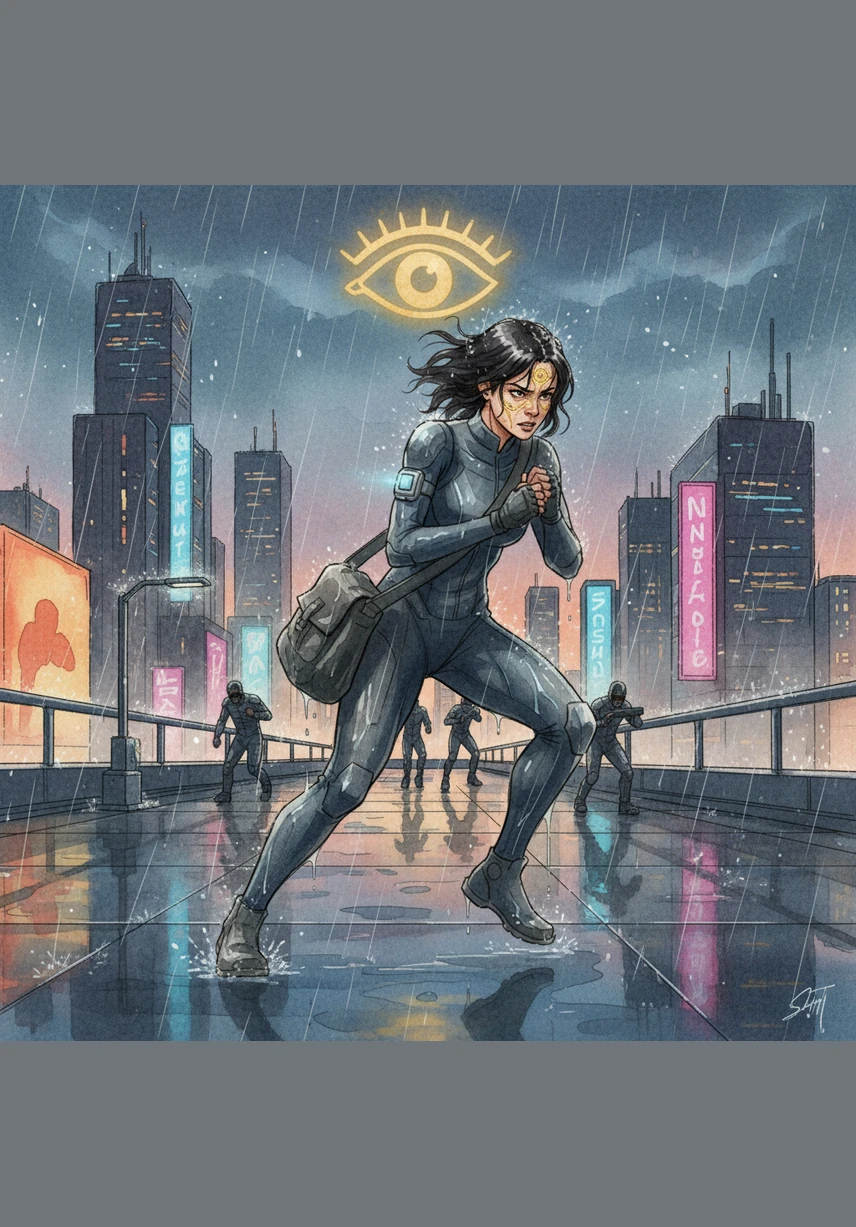 She will grab her bag and install a custom blocking software to hide her digital footprint from the city's many sensors. She will run through the acid rain, avoiding every camera that will try to scan her face and log her movements into the database.