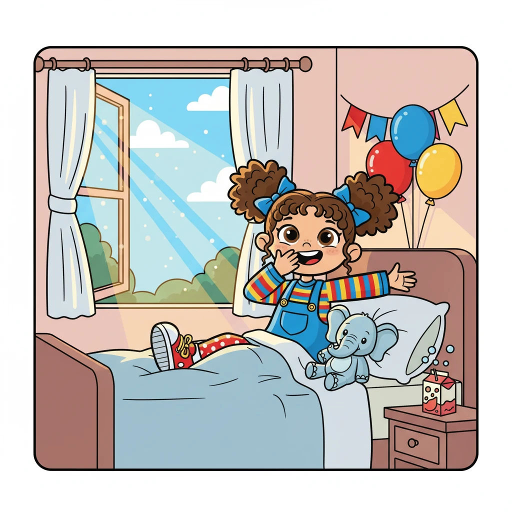 Lila woke up with a giggle, the sun peeking through her window. It was her second birthday! Excitement bubbled inside her, a feeling as fizzy as the juice she loved.