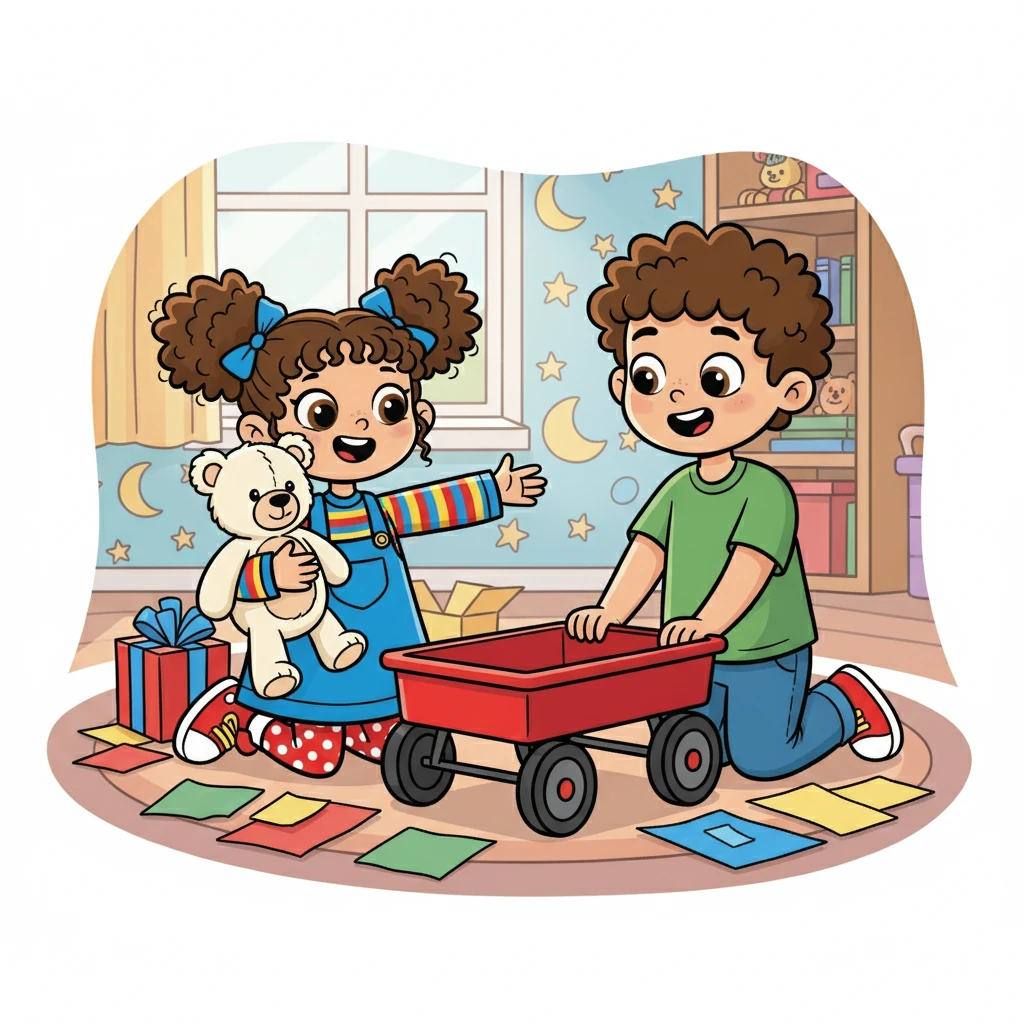 First, they unwrapped presents! Lila tore through the wrapping paper with glee, discovering a bright red wagon and a fluffy teddy bear. Leo helped her try out her new toys.