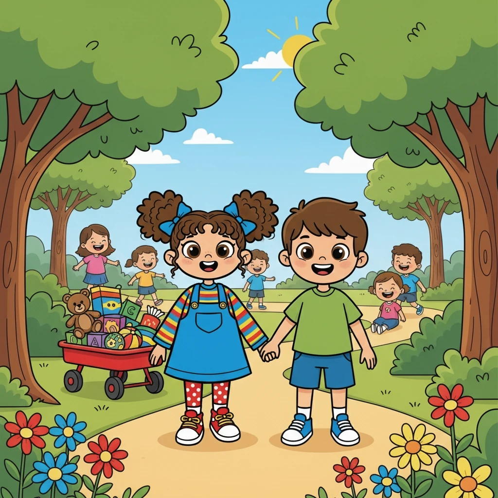 Next, they headed to the park, the wagon loaded with snacks and toys. The park was filled with the sounds of laughter and the colors of blooming flowers. Lila and Leo held hands as they walked.