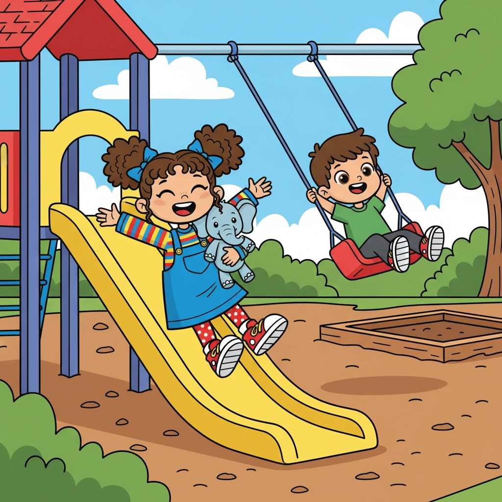 At the playground, they zoomed down the slide and swung high on the swings. Lila squealed with joy as Leo pushed her, reaching for the sky. They were a team, exploring together.