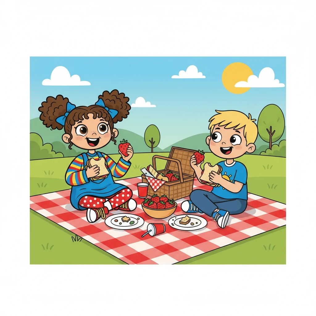 A picnic lunch followed, with sandwiches and juicy strawberries. Lila and Leo sat on a blanket, sharing their treats and giggling at each other's silly faces. They were very hungry.