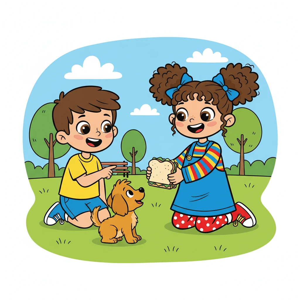 Suddenly, a playful puppy bounded over, wagging its tail. Lila and Leo giggled and offered the puppy a piece of their sandwich. The puppy loved the attention.