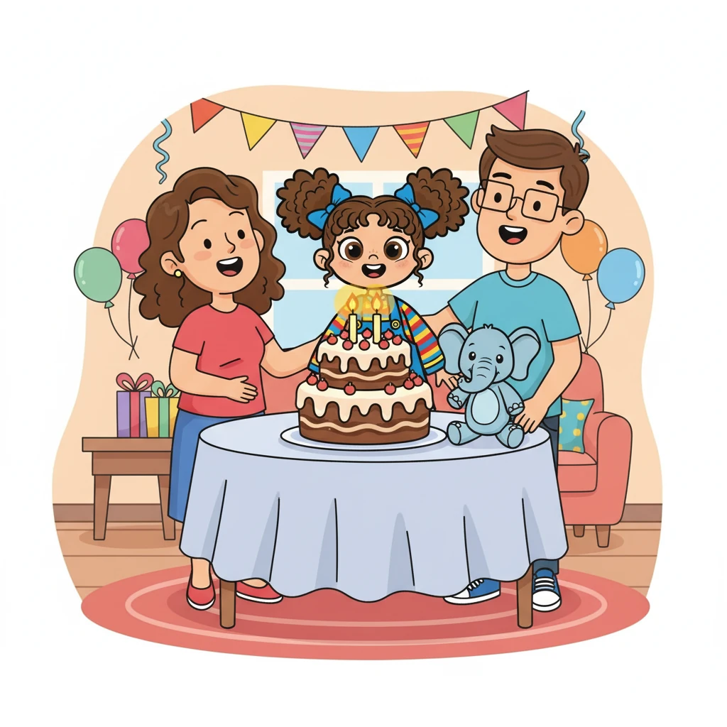 It was time for the birthday cake, a magnificent creation with two bright candles. Lila's parents sang, and Leo joined in, their voices blending in a happy melody.
