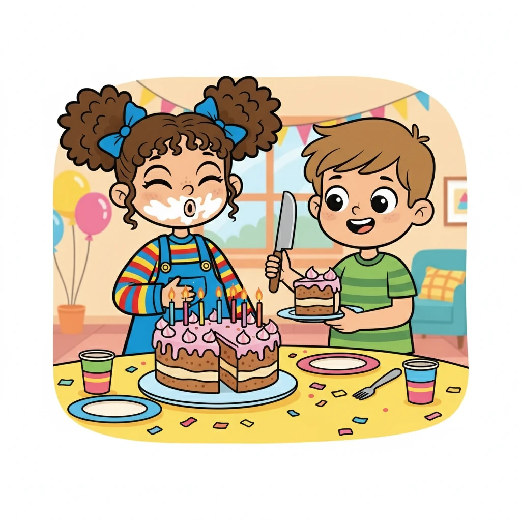Lila blew out the candles with a puff, her face smeared with frosting. Leo helped her scoop up the delicious cake. It was the sweetest treat of all.