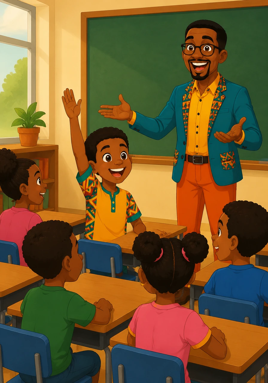 C'est la rentrée à l'école de Koffi, un garçon vif aux grands yeux curieux qui adore la langue française. Aujourd'hui, le Prof Hervé entre en classe avec un immense sourire et annonce qu'ils vont explorer les secrets des expressions imagées. Koffi lève aussitôt la main, impatient de commencer cette nouvelle aventure linguistique au milieu de ses camarades enthousiastes.