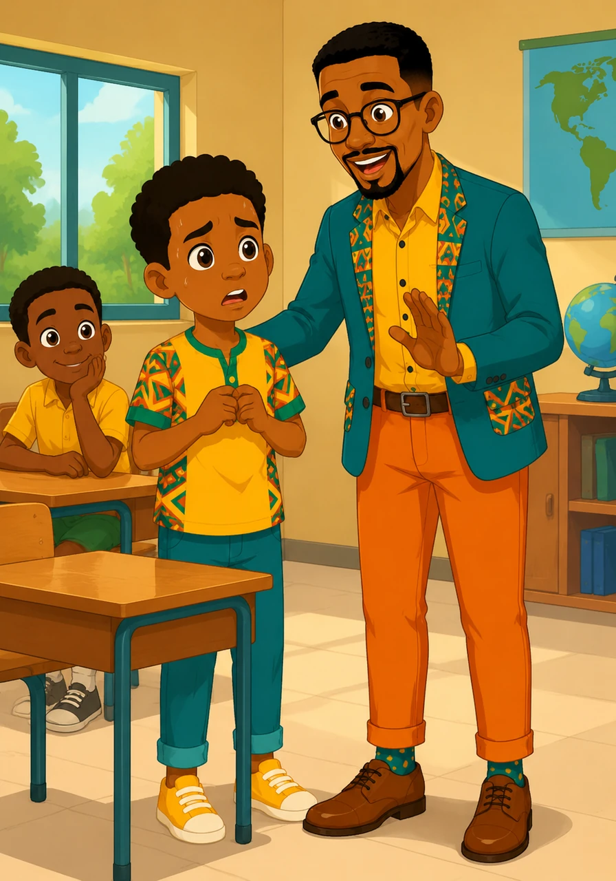 L'après-midi, lors du cours de géographie, Koffi panique un peu car il a oublié d'apprendre sa leçon sur les fleuves. Il commence à bafouiller, mais le Prof Hervé lui conseille de ne pas se mélanger les pinceaux. Se mélanger les pinceaux signifie s'embrouiller les idées ou s'y prendre maladroitement, et il suffit de respirer un grand coup pour retrouver son calme.