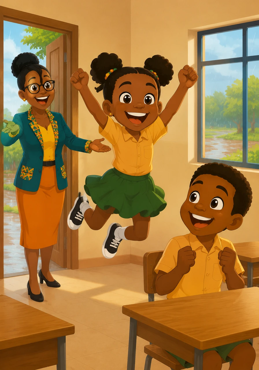 Après la pluie, la directrice de l'école entre dans la classe pour annoncer une excellente nouvelle : la sortie scolaire au zoo est confirmée. Fatou saute de joie et Koffi sourit jusqu'aux oreilles en réalisant qu'il est aux anges. Être aux anges, c'est ressentir un bonheur immense, une joie si profonde qu'on a l'impression de voler dans les nuages.