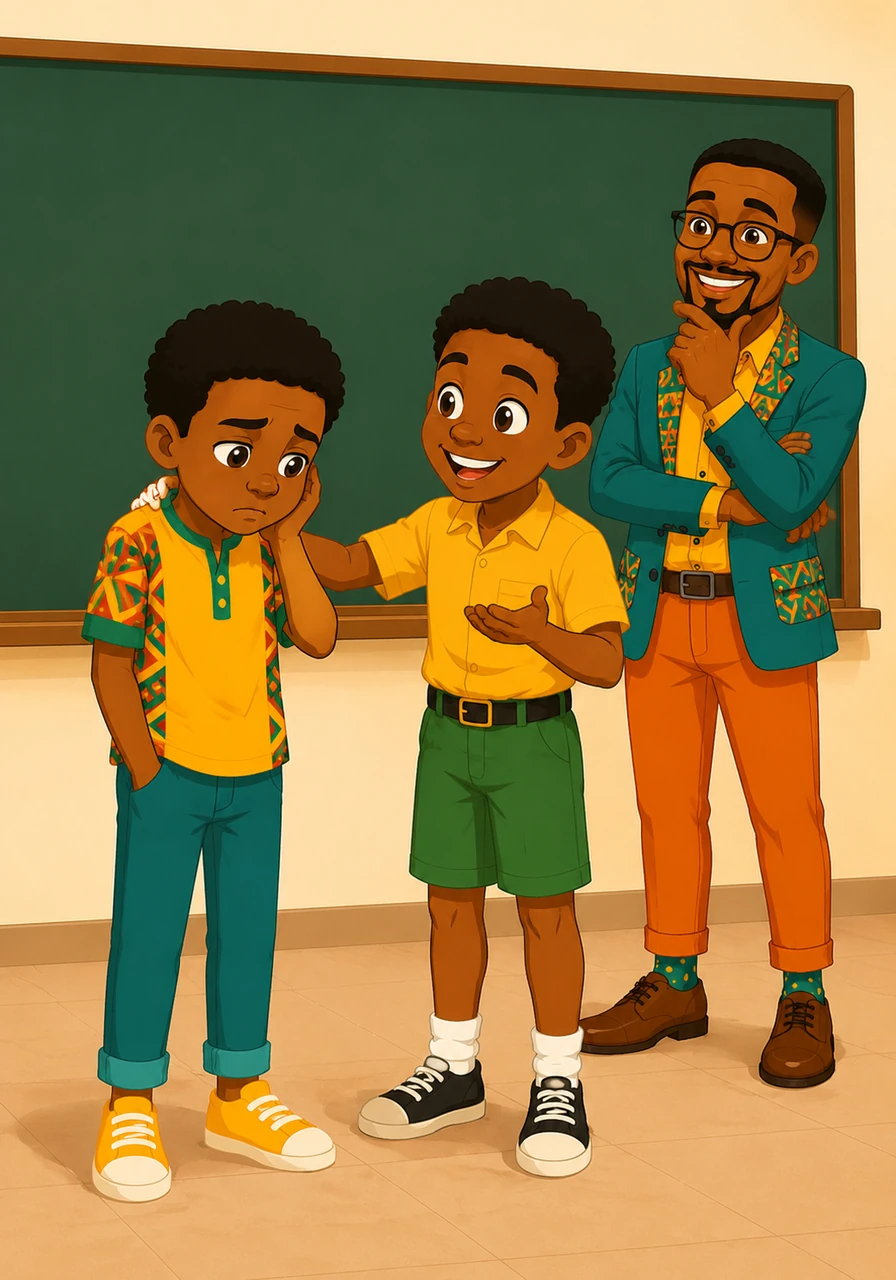 Au moment de résoudre un problème de mathématiques difficile au tableau, Amadou refuse d'essayer, persuadé qu'il va échouer. Koffi l'encourage chaleureusement en lui disant de ne pas jeter l'éponge avant d'avoir tenté sa chance. Jeter l'éponge signifie abandonner un combat ou un effort, alors qu'avec de la persévérance, tout devient possible.