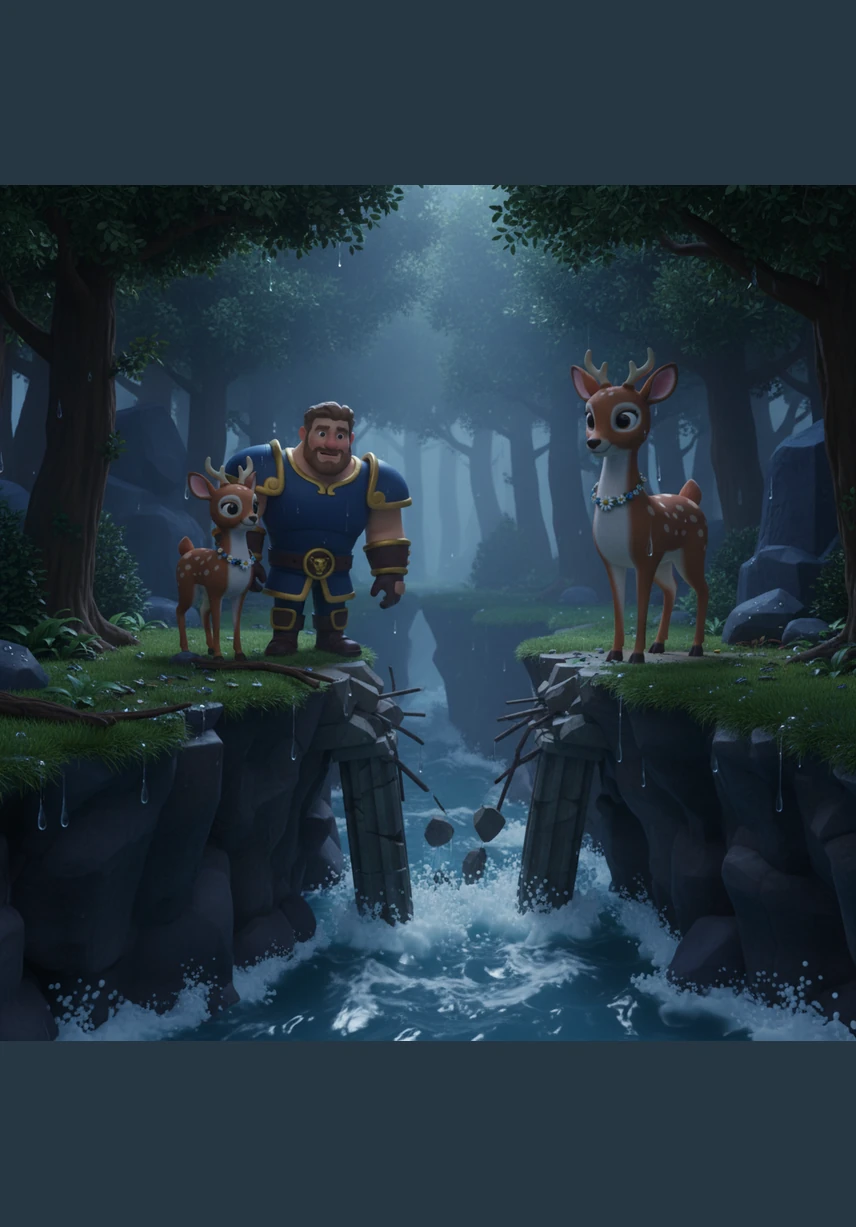 While exploring the deep woods, Silas discovers that a fierce midnight storm has washed away the old stone bridge over the roaring gorge. He looks down at the churning water, realizing the vital path to the valley is now severed.