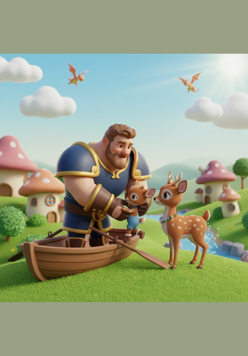 On the far bank, Silas spots a young fawn shivering and trapped by fallen debris near the rising water. His stern expression softens, replaced by a look of determined compassion as he prepares to rescue the creature.