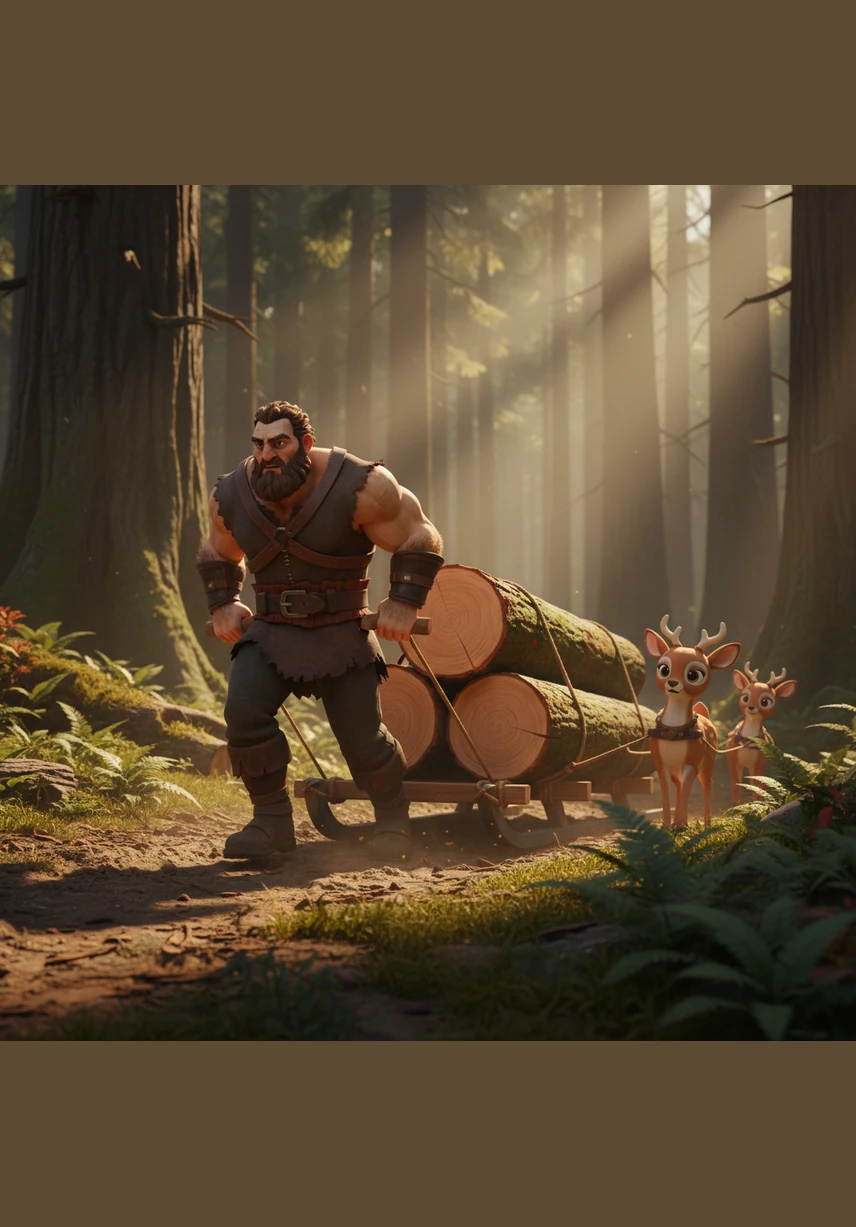 He begins the grueling task of hauling massive cedar trunks from the forest floor toward the edge of the cliff. Silas moves with a steady, grounded grace, using his immense physical power to position the heavy timber for a new structure.