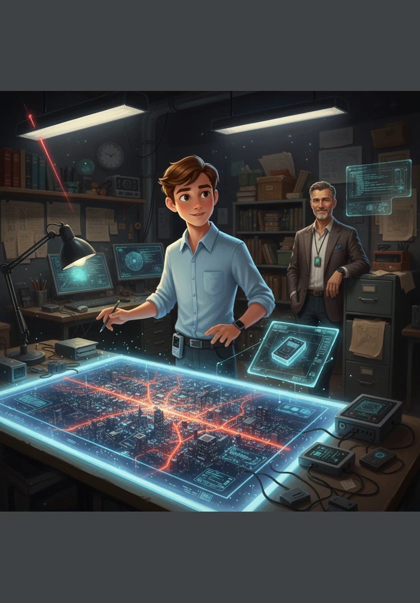 In a high-tech workshop filled with glowing screens and blueprints, a young inventor named Leo studies a map of a city that stays awake far too long. He dreams of a way to help everyone understand how much energy they are using so they can protect the planet.