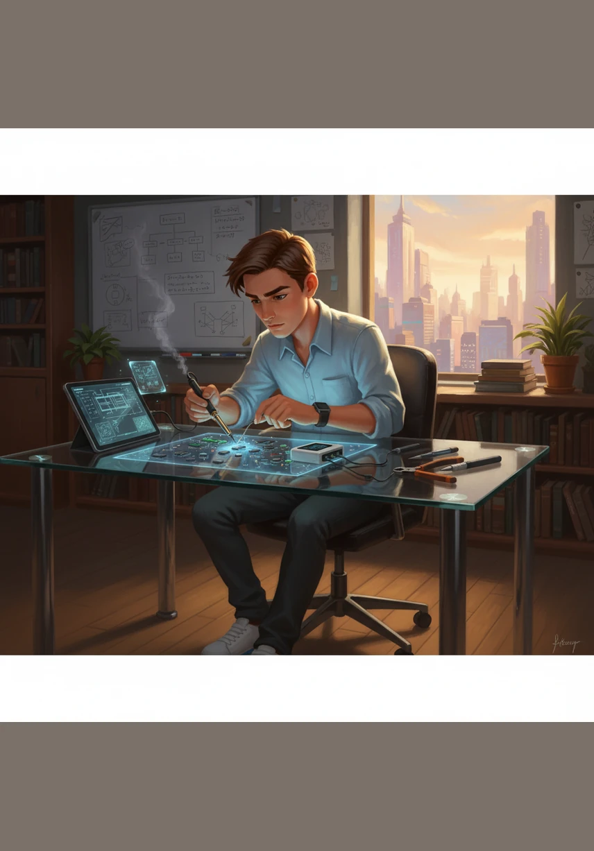 Leo sits at his sleek glass desk, typing lines of code that shimmer like stars on his monitor. He is designing a special digital card that will act as a heartbeat for the city's power grid.
