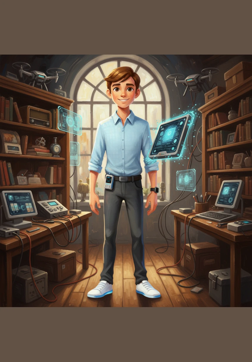 The card displays the words Smart Energy Usage in bold, friendly letters, accompanied by a soft green glow that fills the room with a sense of hope. Leo smiles as he realizes his invention is ready to be shared with the world.