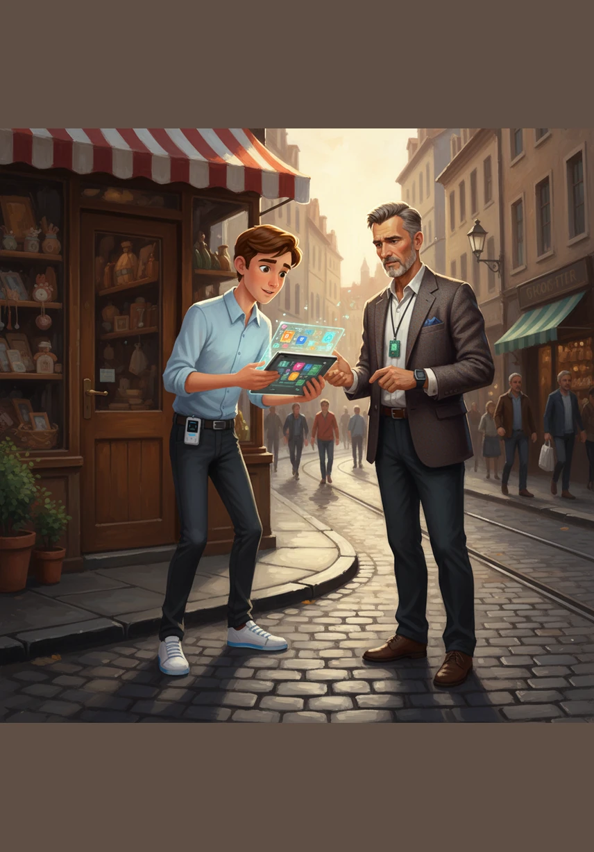 Leo takes his tablet into the bustling city center to show a local shopkeeper how the card works. As they look at the screen, the card tracks the shop's energy footprint in real-time, showing exactly where power is being saved.