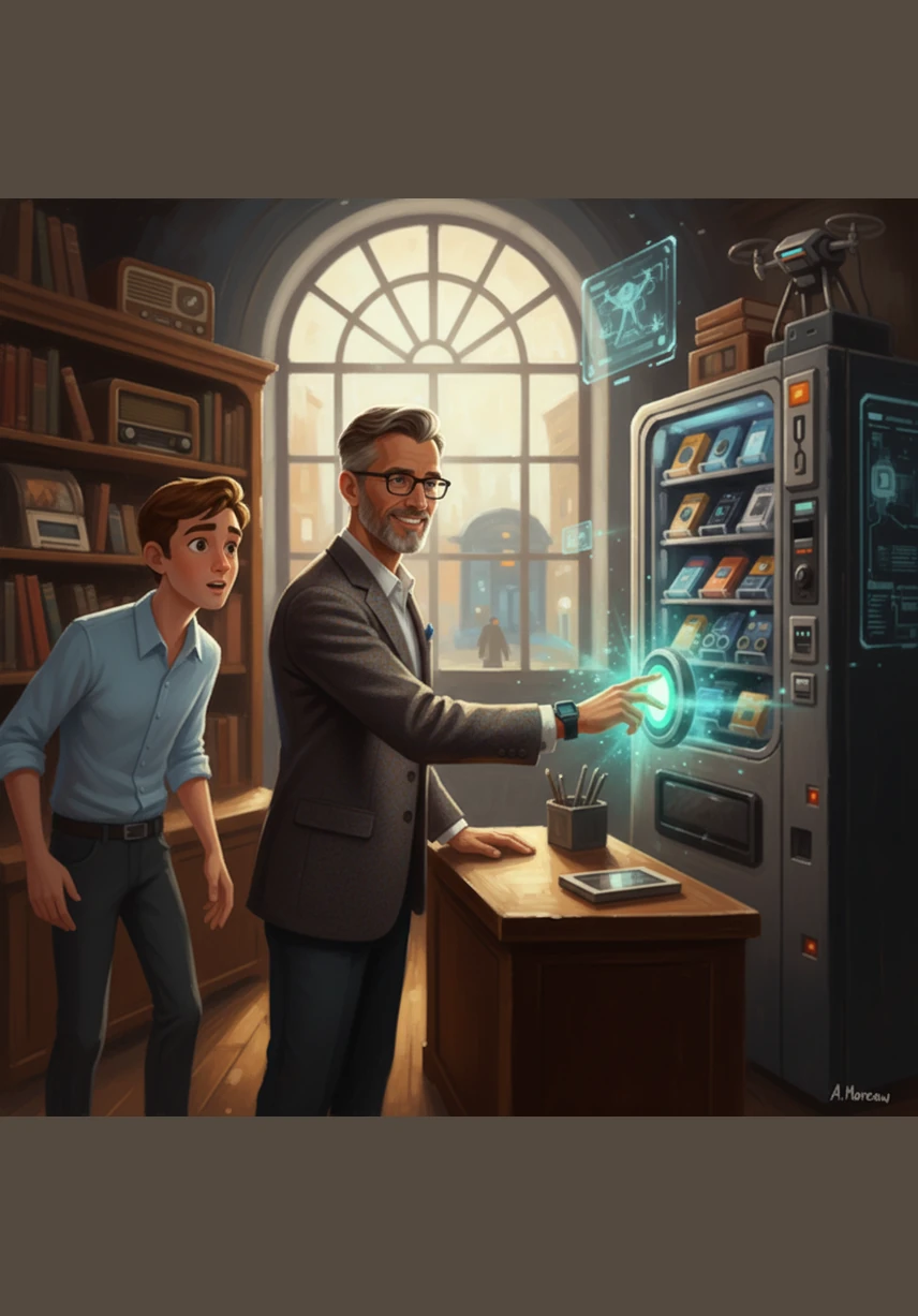 The shopkeeper presses a bright green button on the card, and suddenly the lights in the store dim to a perfect, cozy level. The card pulses with a vibrant green light, signaling that the shop is now running on smart energy.