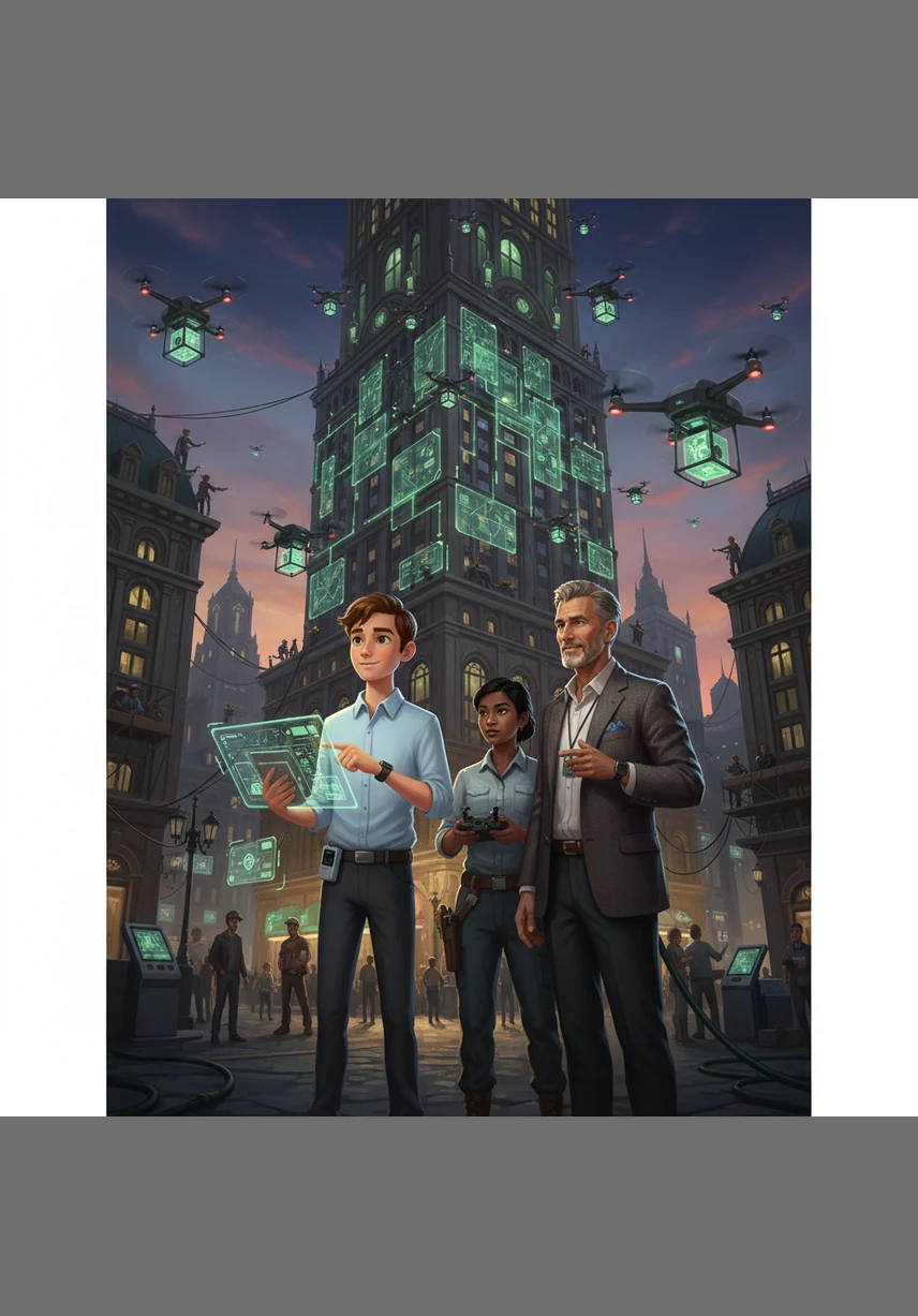 Word spreads quickly, and soon every business in the city has its own digital dashboard to monitor its energy use. The once-cluttered streets begin to feel cleaner and more organized as everyone works together.